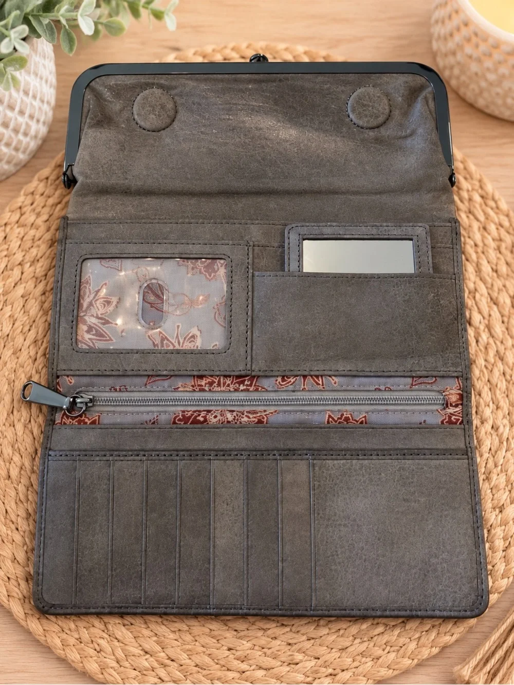 Vintage HOBO Gray Leather Frame Clutch with Floral Lining and Brown Accents